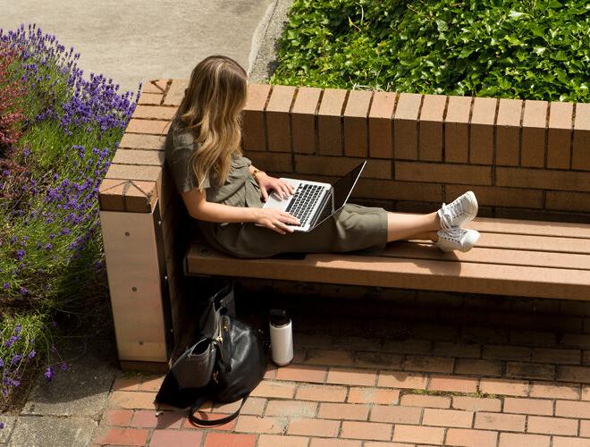 在不列颠哥伦比亚省的校园里，一名学生在阳光下用笔记本电脑工作.